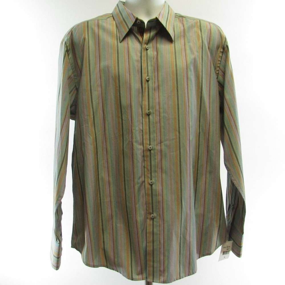 Robert Graham Button Front Shirt Size XL Green Stiped Accent Stitching NEW